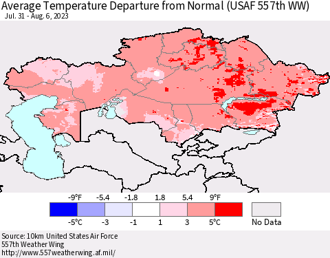 Kazakhstan Average Temperature Departure from Normal (USAF 557th WW) Thematic Map For 7/31/2023 - 8/6/2023