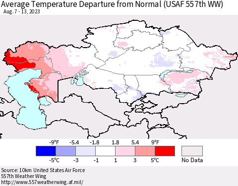 Kazakhstan Average Temperature Departure from Normal (USAF 557th WW) Thematic Map For 8/7/2023 - 8/13/2023