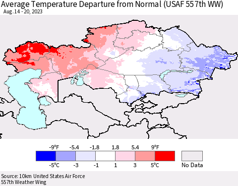 Kazakhstan Average Temperature Departure from Normal (USAF 557th WW) Thematic Map For 8/14/2023 - 8/20/2023