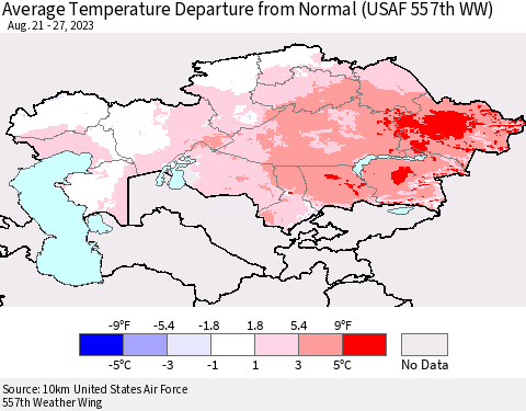 Kazakhstan Average Temperature Departure from Normal (USAF 557th WW) Thematic Map For 8/21/2023 - 8/27/2023