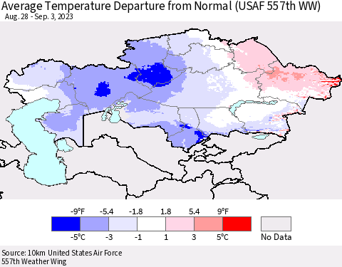 Kazakhstan Average Temperature Departure from Normal (USAF 557th WW) Thematic Map For 8/28/2023 - 9/3/2023