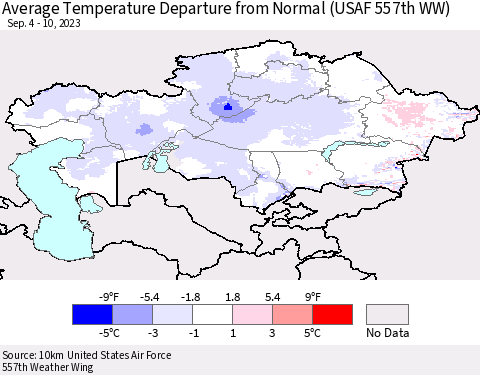 Kazakhstan Average Temperature Departure from Normal (USAF 557th WW) Thematic Map For 9/4/2023 - 9/10/2023