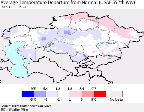 Kazakhstan Average Temperature Departure from Normal (USAF 557th WW) Thematic Map For 9/11/2023 - 9/17/2023