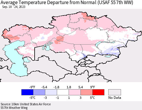 Kazakhstan Average Temperature Departure from Normal (USAF 557th WW) Thematic Map For 9/18/2023 - 9/24/2023
