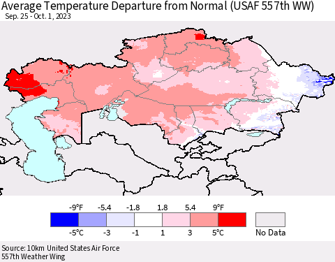 Kazakhstan Average Temperature Departure from Normal (USAF 557th WW) Thematic Map For 9/25/2023 - 10/1/2023