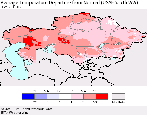 Kazakhstan Average Temperature Departure from Normal (USAF 557th WW) Thematic Map For 10/2/2023 - 10/8/2023