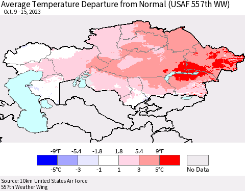 Kazakhstan Average Temperature Departure from Normal (USAF 557th WW) Thematic Map For 10/9/2023 - 10/15/2023