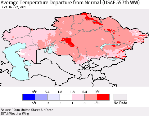 Kazakhstan Average Temperature Departure from Normal (USAF 557th WW) Thematic Map For 10/16/2023 - 10/22/2023