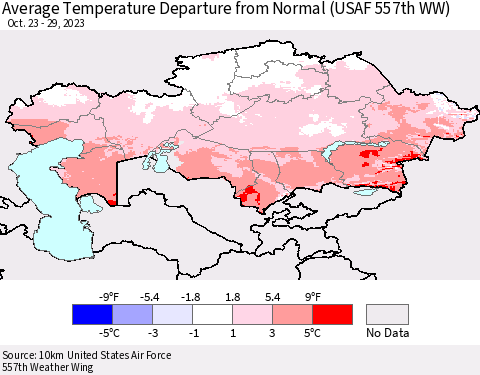 Kazakhstan Average Temperature Departure from Normal (USAF 557th WW) Thematic Map For 10/23/2023 - 10/29/2023