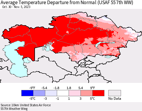 Kazakhstan Average Temperature Departure from Normal (USAF 557th WW) Thematic Map For 10/30/2023 - 11/5/2023