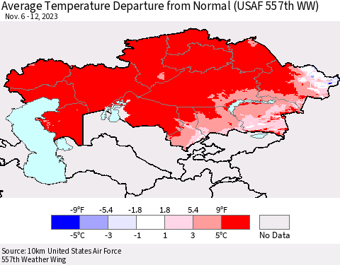 Kazakhstan Average Temperature Departure from Normal (USAF 557th WW) Thematic Map For 11/6/2023 - 11/12/2023