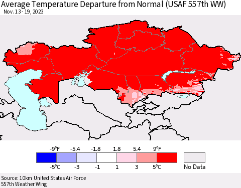 Kazakhstan Average Temperature Departure from Normal (USAF 557th WW) Thematic Map For 11/13/2023 - 11/19/2023