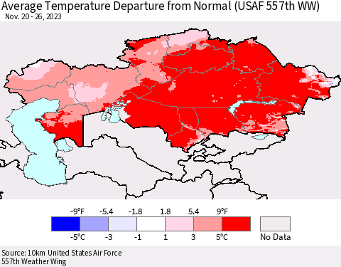 Kazakhstan Average Temperature Departure from Normal (USAF 557th WW) Thematic Map For 11/20/2023 - 11/26/2023