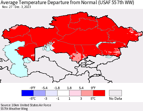Kazakhstan Average Temperature Departure from Normal (USAF 557th WW) Thematic Map For 11/27/2023 - 12/3/2023