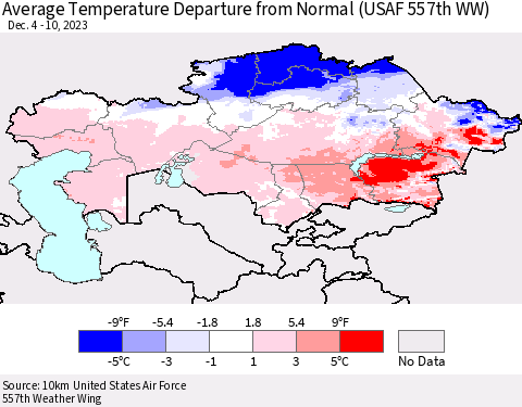 Kazakhstan Average Temperature Departure from Normal (USAF 557th WW) Thematic Map For 12/4/2023 - 12/10/2023