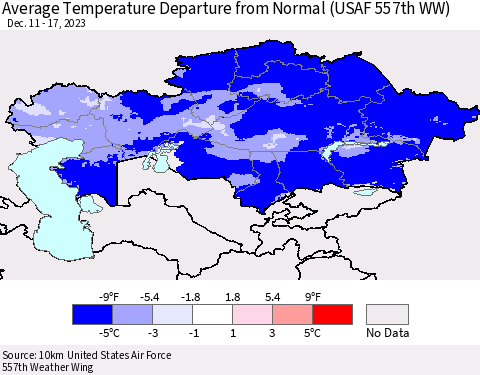 Kazakhstan Average Temperature Departure from Normal (USAF 557th WW) Thematic Map For 12/11/2023 - 12/17/2023