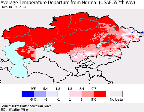 Kazakhstan Average Temperature Departure from Normal (USAF 557th WW) Thematic Map For 12/18/2023 - 12/24/2023