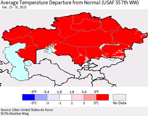 Kazakhstan Average Temperature Departure from Normal (USAF 557th WW) Thematic Map For 12/25/2023 - 12/31/2023