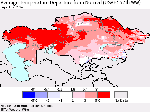 Kazakhstan Average Temperature Departure from Normal (USAF 557th WW) Thematic Map For 4/1/2024 - 4/7/2024