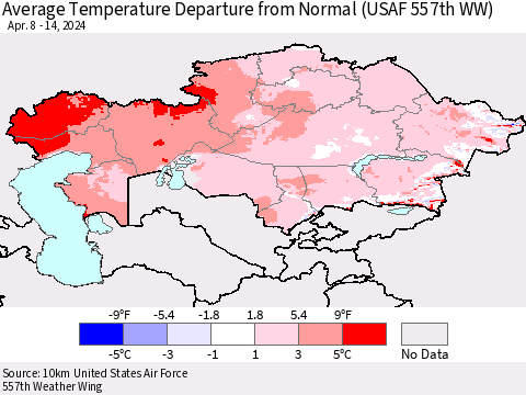 Kazakhstan Average Temperature Departure from Normal (USAF 557th WW) Thematic Map For 4/8/2024 - 4/14/2024