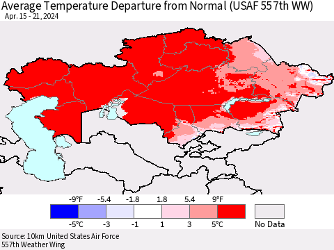 Kazakhstan Average Temperature Departure from Normal (USAF 557th WW) Thematic Map For 4/15/2024 - 4/21/2024