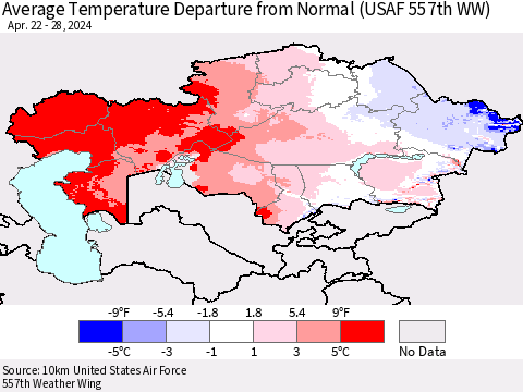 Kazakhstan Average Temperature Departure from Normal (USAF 557th WW) Thematic Map For 4/22/2024 - 4/28/2024