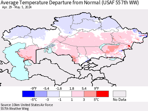 Kazakhstan Average Temperature Departure from Normal (USAF 557th WW) Thematic Map For 4/29/2024 - 5/5/2024