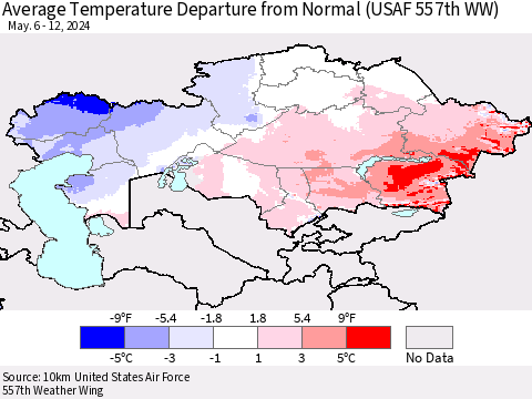 Kazakhstan Average Temperature Departure from Normal (USAF 557th WW) Thematic Map For 5/6/2024 - 5/12/2024