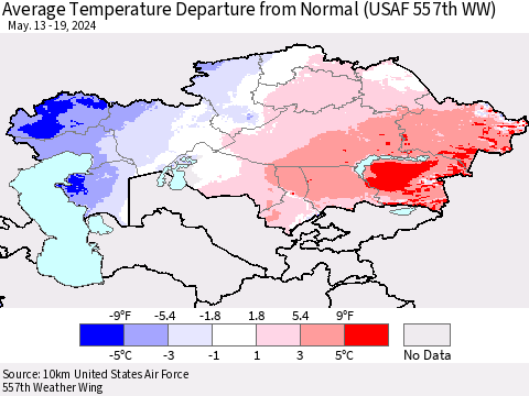 Kazakhstan Average Temperature Departure from Normal (USAF 557th WW) Thematic Map For 5/13/2024 - 5/19/2024
