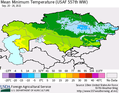 Kazakhstan Mean Minimum Temperature (USAF 557th WW) Thematic Map For 9/20/2021 - 9/26/2021