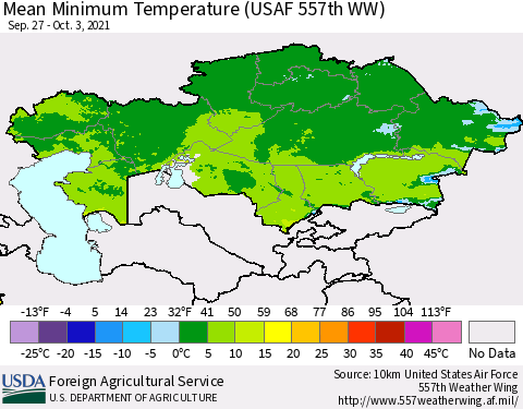 Kazakhstan Mean Minimum Temperature (USAF 557th WW) Thematic Map For 9/27/2021 - 10/3/2021