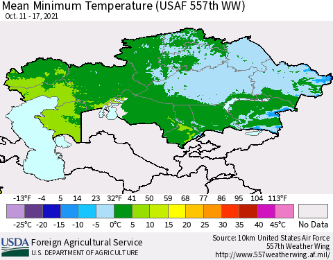 Kazakhstan Mean Minimum Temperature (USAF 557th WW) Thematic Map For 10/11/2021 - 10/17/2021