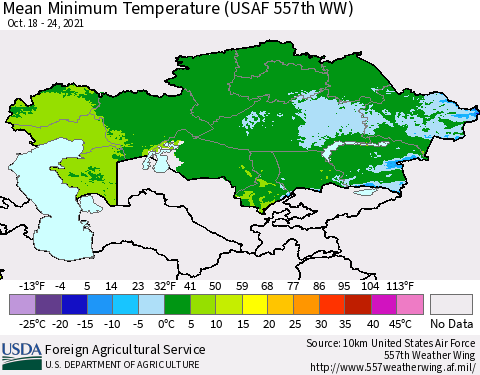 Kazakhstan Mean Minimum Temperature (USAF 557th WW) Thematic Map For 10/18/2021 - 10/24/2021