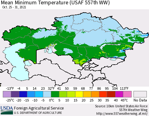 Kazakhstan Mean Minimum Temperature (USAF 557th WW) Thematic Map For 10/25/2021 - 10/31/2021