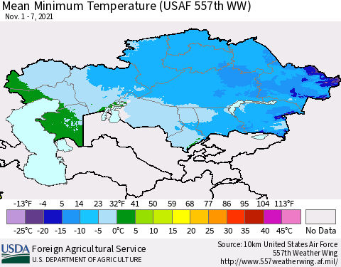 Kazakhstan Mean Minimum Temperature (USAF 557th WW) Thematic Map For 11/1/2021 - 11/7/2021