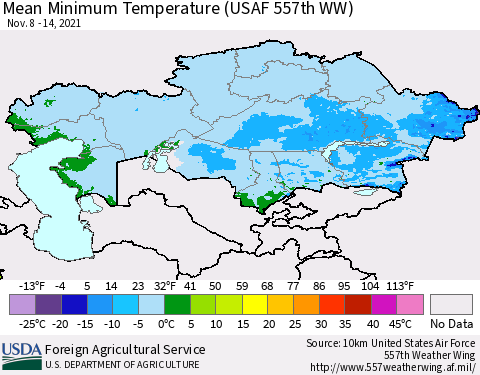 Kazakhstan Mean Minimum Temperature (USAF 557th WW) Thematic Map For 11/8/2021 - 11/14/2021