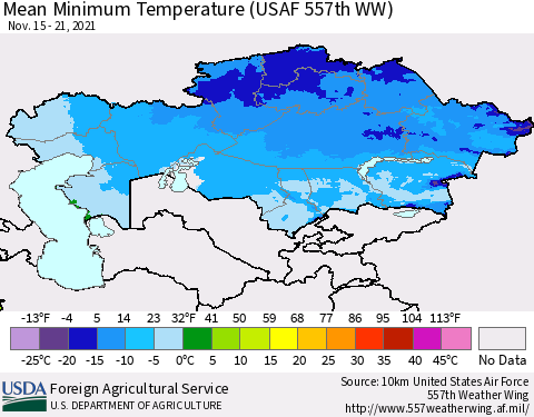 Kazakhstan Mean Minimum Temperature (USAF 557th WW) Thematic Map For 11/15/2021 - 11/21/2021