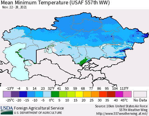 Kazakhstan Mean Minimum Temperature (USAF 557th WW) Thematic Map For 11/22/2021 - 11/28/2021