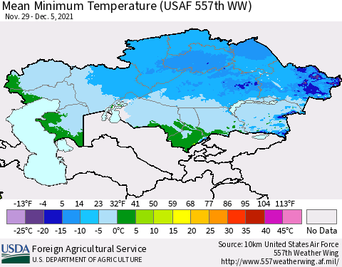 Kazakhstan Mean Minimum Temperature (USAF 557th WW) Thematic Map For 11/29/2021 - 12/5/2021