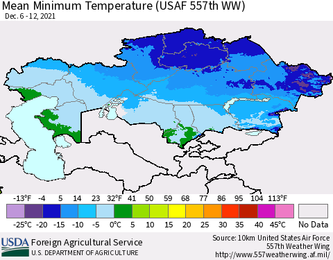 Kazakhstan Mean Minimum Temperature (USAF 557th WW) Thematic Map For 12/6/2021 - 12/12/2021