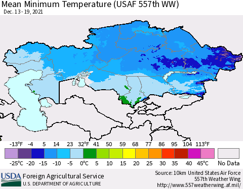 Kazakhstan Mean Minimum Temperature (USAF 557th WW) Thematic Map For 12/13/2021 - 12/19/2021