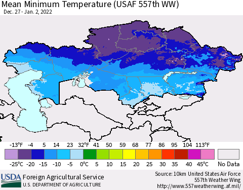 Kazakhstan Mean Minimum Temperature (USAF 557th WW) Thematic Map For 12/27/2021 - 1/2/2022