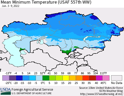 Kazakhstan Mean Minimum Temperature (USAF 557th WW) Thematic Map For 1/3/2022 - 1/9/2022