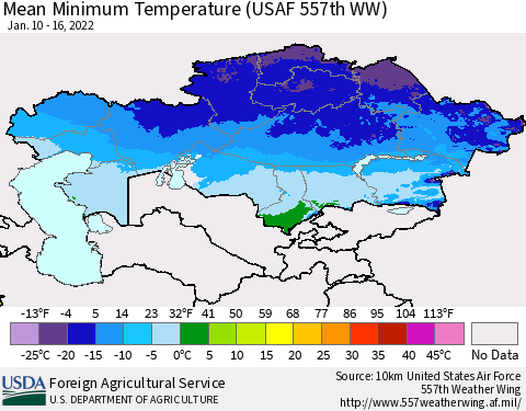 Kazakhstan Mean Minimum Temperature (USAF 557th WW) Thematic Map For 1/10/2022 - 1/16/2022