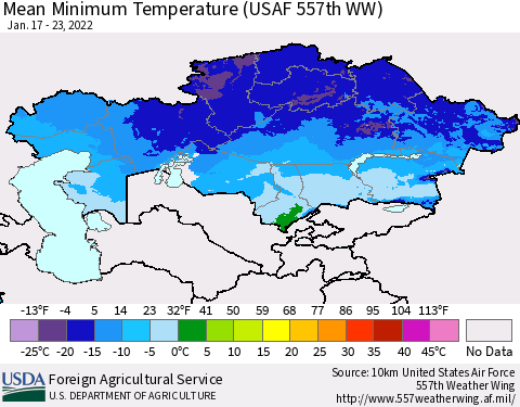 Kazakhstan Mean Minimum Temperature (USAF 557th WW) Thematic Map For 1/17/2022 - 1/23/2022