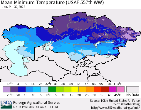 Kazakhstan Mean Minimum Temperature (USAF 557th WW) Thematic Map For 1/24/2022 - 1/30/2022