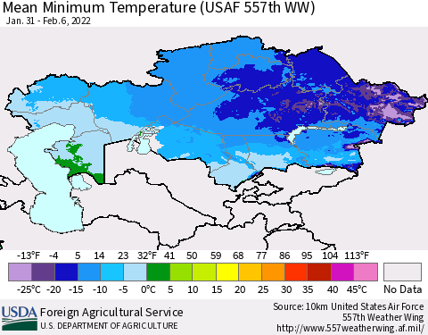 Kazakhstan Mean Minimum Temperature (USAF 557th WW) Thematic Map For 1/31/2022 - 2/6/2022