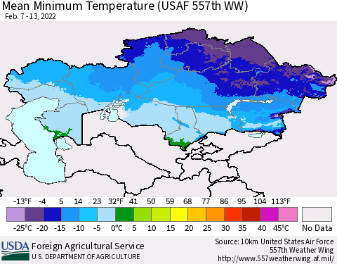 Kazakhstan Mean Minimum Temperature (USAF 557th WW) Thematic Map For 2/7/2022 - 2/13/2022