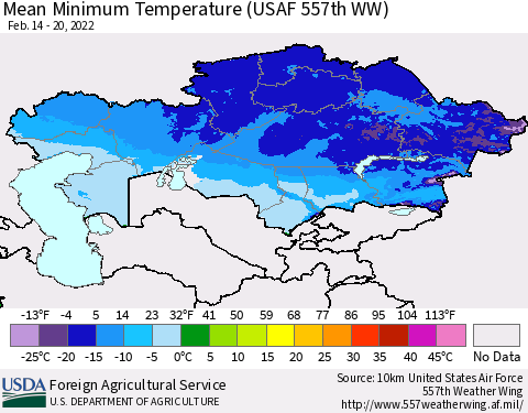 Kazakhstan Mean Minimum Temperature (USAF 557th WW) Thematic Map For 2/14/2022 - 2/20/2022