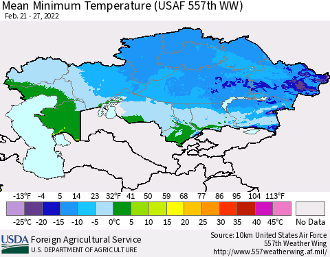 Kazakhstan Mean Minimum Temperature (USAF 557th WW) Thematic Map For 2/21/2022 - 2/27/2022